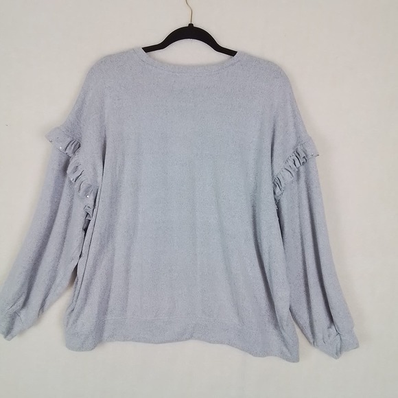 Como Blu Soft Oversized Knit Top Sweater Size 2X Gray w/ Ruffle & Rhinestones - Picture 2 of 11